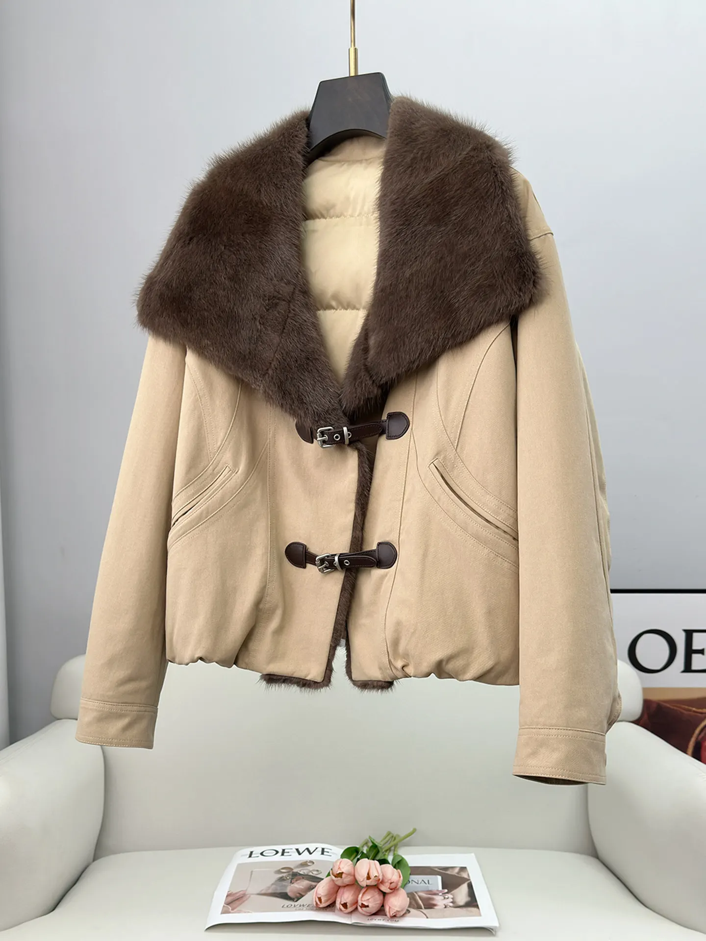 Grüner Wurzel-Nerz-Pelzmantel mit großem Pelzkragen für Damen, 2022, Winter, neuer Petite-Parka, Gänsedaunenjacke, Motorrad, kurzer Stil