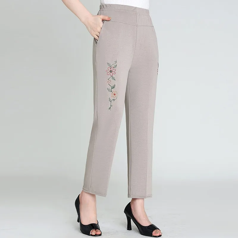 Large Size Women Pants Spring Summer Ice Silk Elastic Waist Female Trousers embroidery Middle Aged Mother Stretch Pants XL-8XL