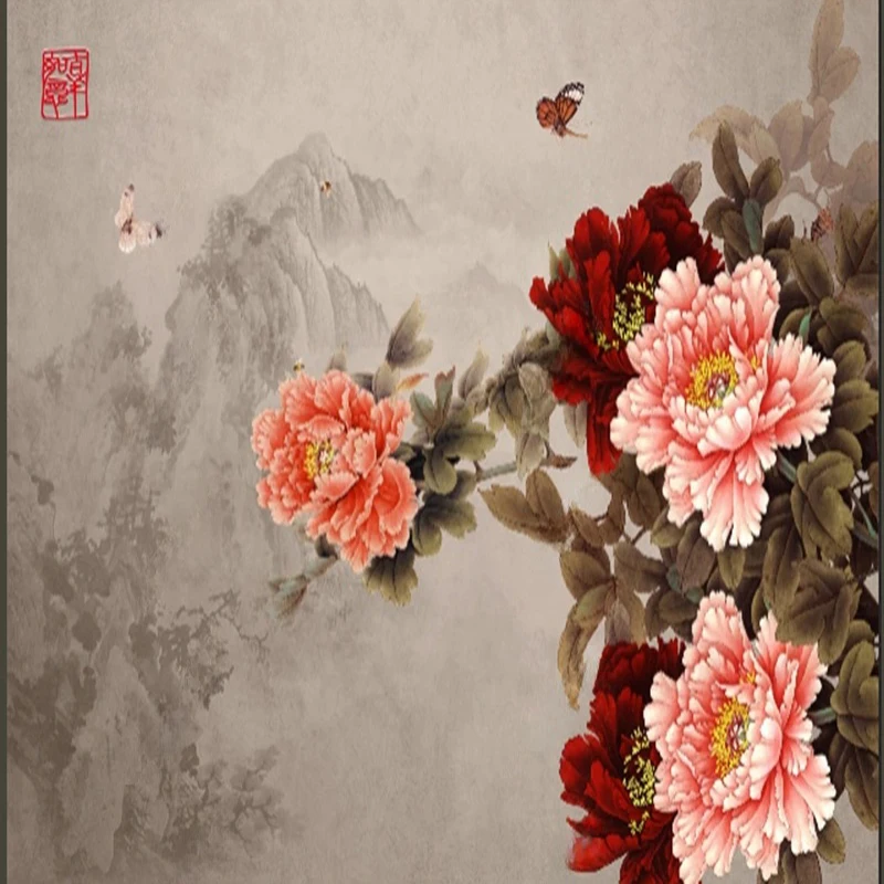 

Vintage Hand-Painted Peony Flower Butterfly Wallpaper Murals - Custom Wall Art Decor Background Wall Coverings for Room
