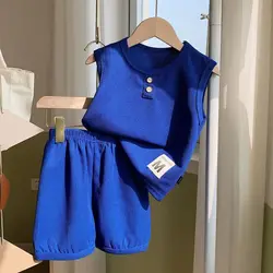 Baby Boys Girls Summer Clothes Cotton Strips Patchwork Waffle Suit Infant Vest Shorts Children Clothing Tracksuits Set 2-6 Years