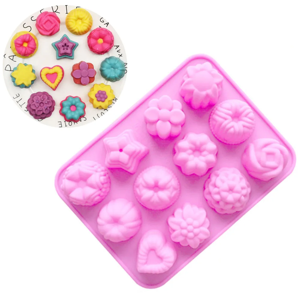 12 Holes Silicone Pastry Chocolate Molds for Oven Individual 3D Mini Dessert Flowers Heart Star Muffins Cupcake Baking Pan Tray