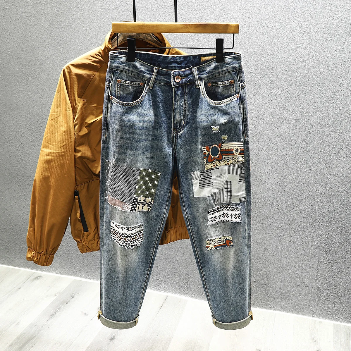 

Мужские джинсы в стиле ретро в американском стиле, лоскутный дизайн, свободные прямые длинные брюки, модные осенние модные хлопковые джинсы