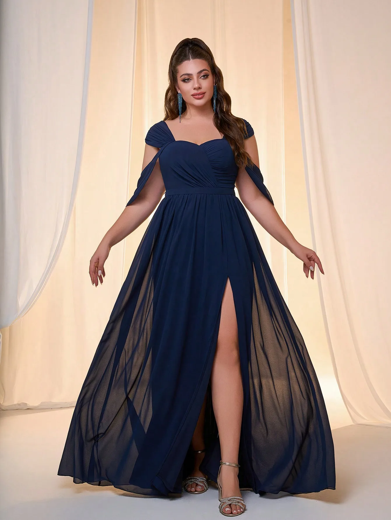 Mgiacy One-shoulder strapless pearl chiffon ruffled short-sleeved front-opening halter-neck high-end evening gown
