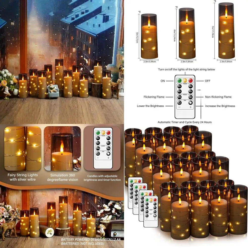 

Battery-Powered LED Flickering Flame Candles with Timer, 24-Piece Set for Home Decor and Ambiance, Grey Acrylic Shell with Star