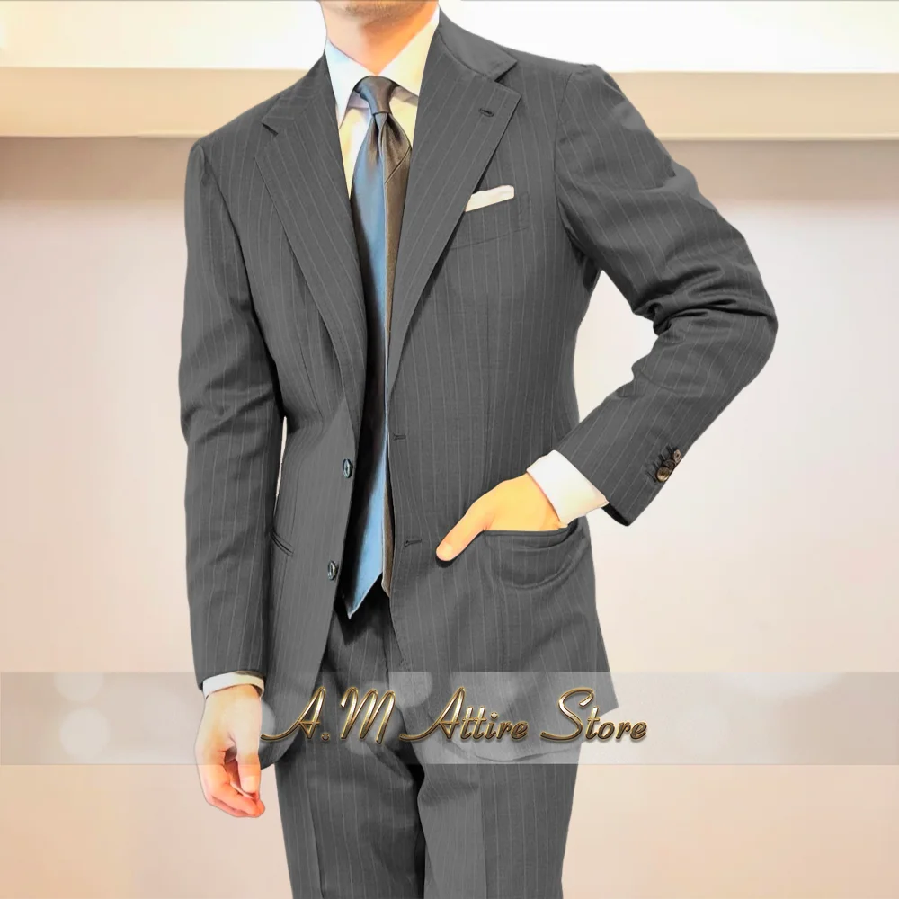 Premium Men's Suit Gray Striped Jacket Pants Slim Fit Outfit for Work Meeting Wedding Groom Birthday Party Custom Tuxedo for Him