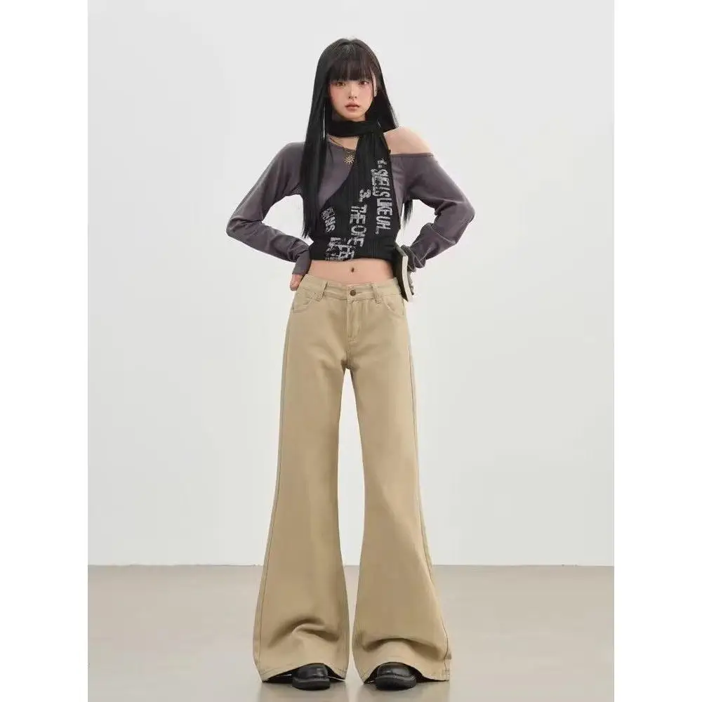 

Khaki Flared Jeans Women's Loose Slimming Small American Low Waist Bell Bottoms Autumn Winter New Style Casual Straight Leg P...