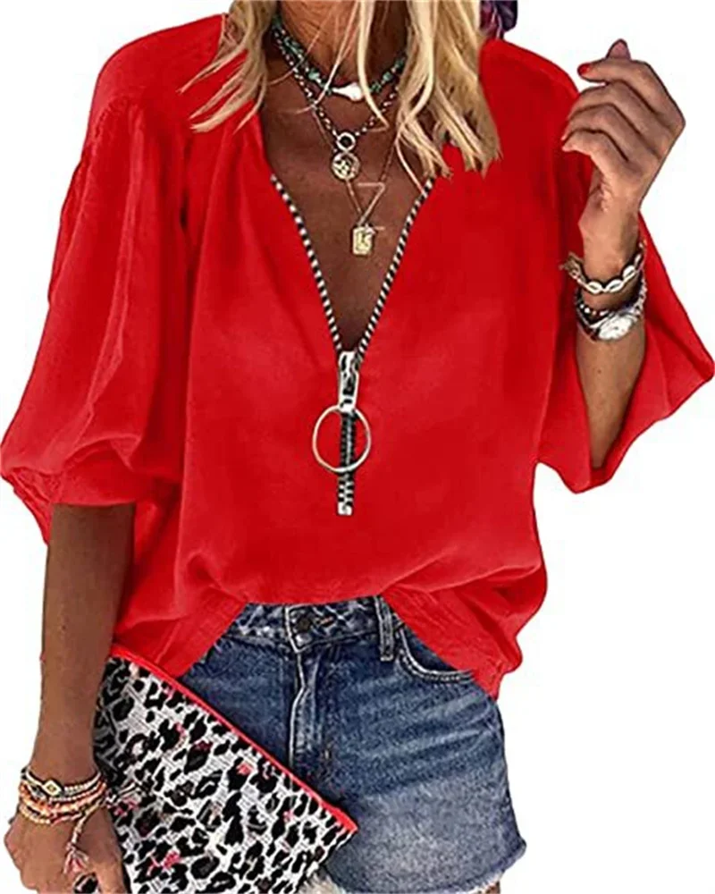 Spring Summer New Solid Color Lantern Sleeve Zipper V-Neck Blouses Women's Office Lady Casual Loose Shirt Women's Tops Blusas