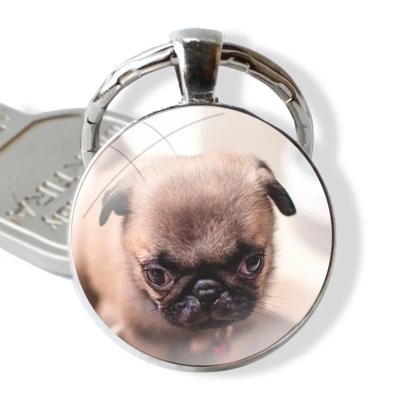 Funny Cute Pug Glass Metal Pendant Key Chain Classic Men Women Key Ring Accessories Jewelry Gifts