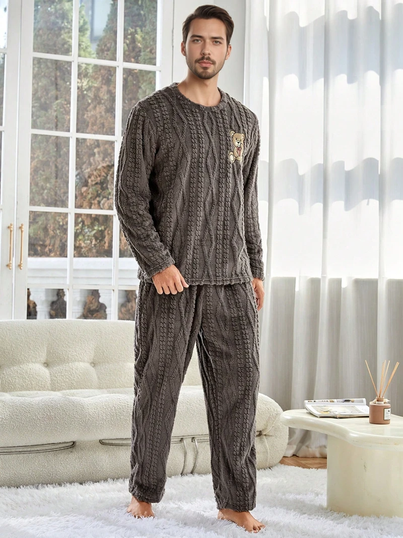 

Фланелевой комплект из 2 предметов с вышивкой «Маленький медвежонок» для мужчин, топ с длинными рукавами и длинные брюки, дышащая свободная зимняя одежда для сна свободного покроя