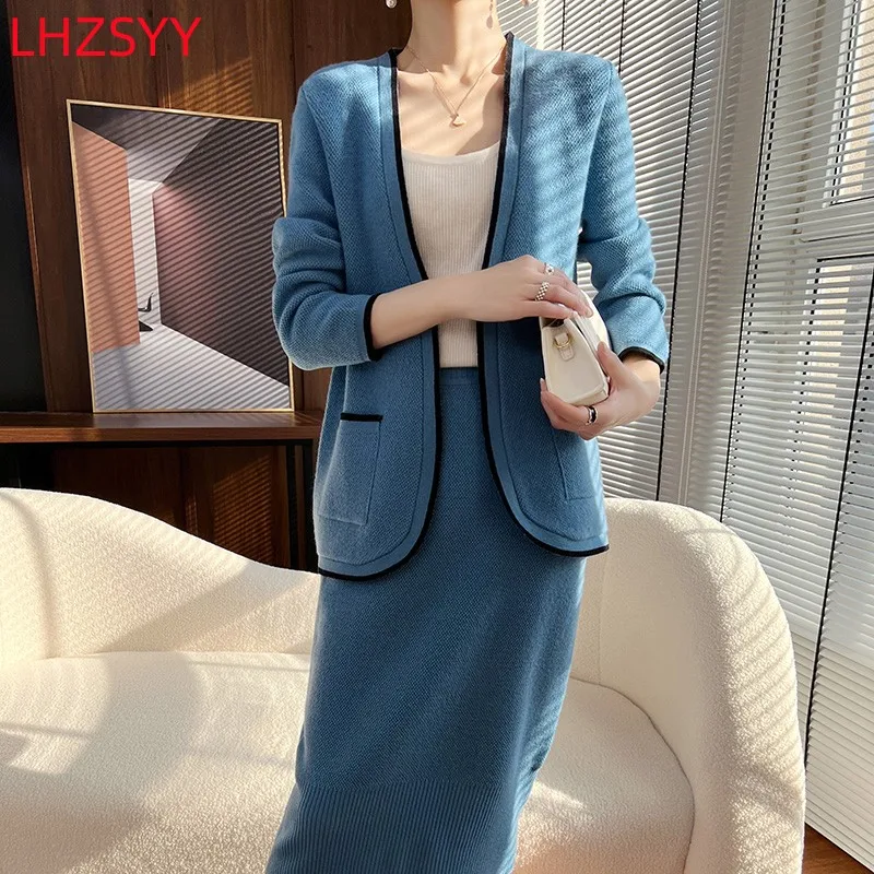 LHZSYY Women\' New Color Matching Set 100% Cashmere Button Free Cardigan Fashion Halfskirt 2023 Spring Large Size Jacket Sweaters