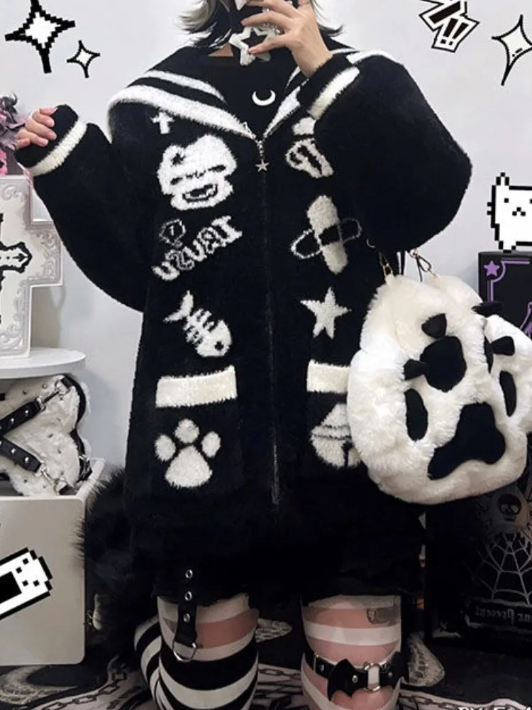 Streetwear Cartoon Jacquard Vintage Fluffy Coats Women Loose Sweet Y2k Aesthetic Zipper Top Japanese Kawaii Gothic Casual Jacket