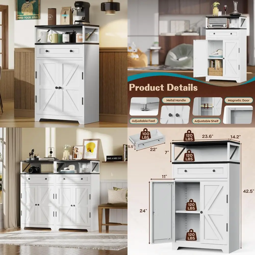 Large Capacity Farmhouse Style White Metal Storage Cabinet with Magnetic Doors, Adjustable Shelves, Kitchen Sideboard