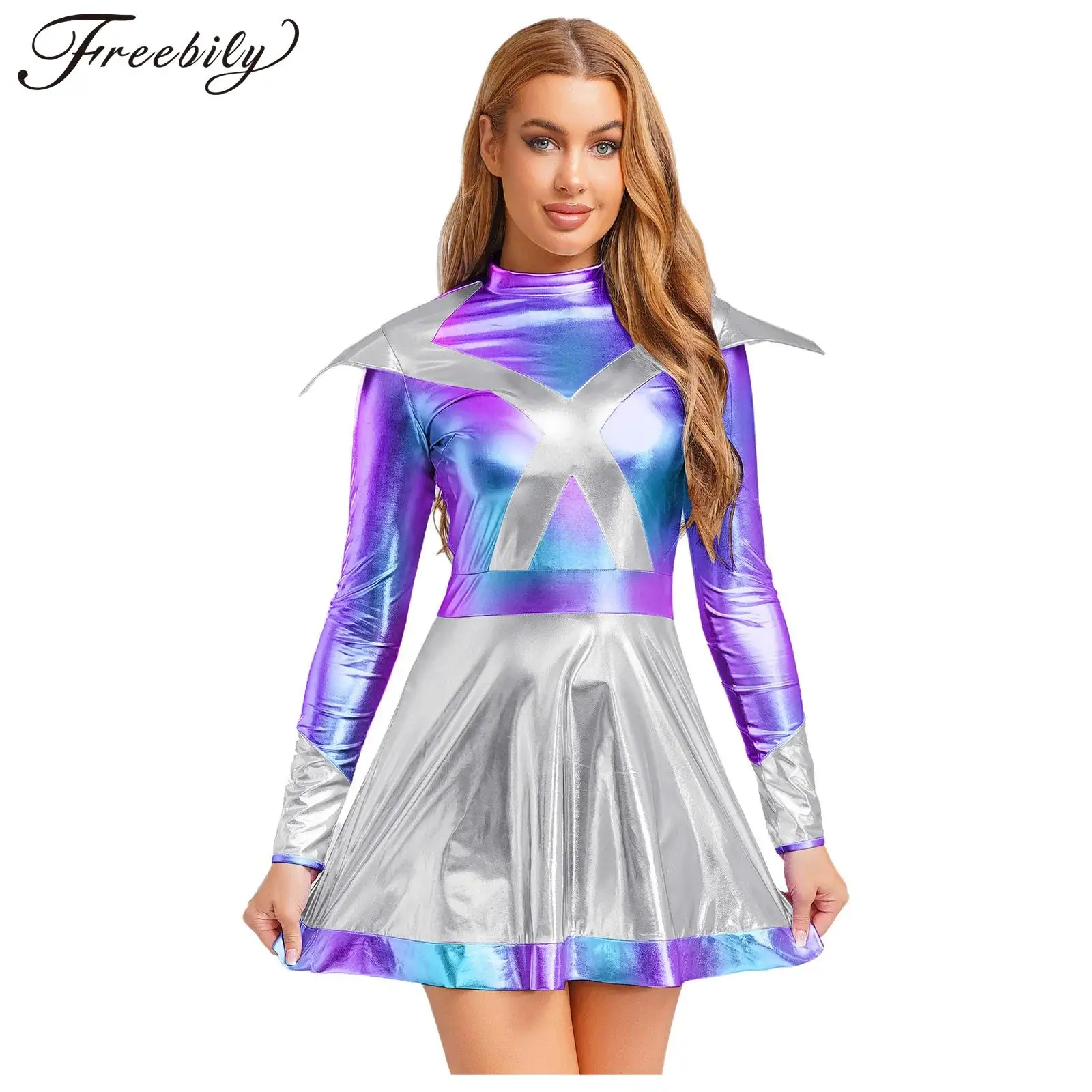

Womens Alien Astronaut Cosplay Dress Alien Costumes Metallic Shiny A-line Dress Space Female Warrior Dress for Halloween Party