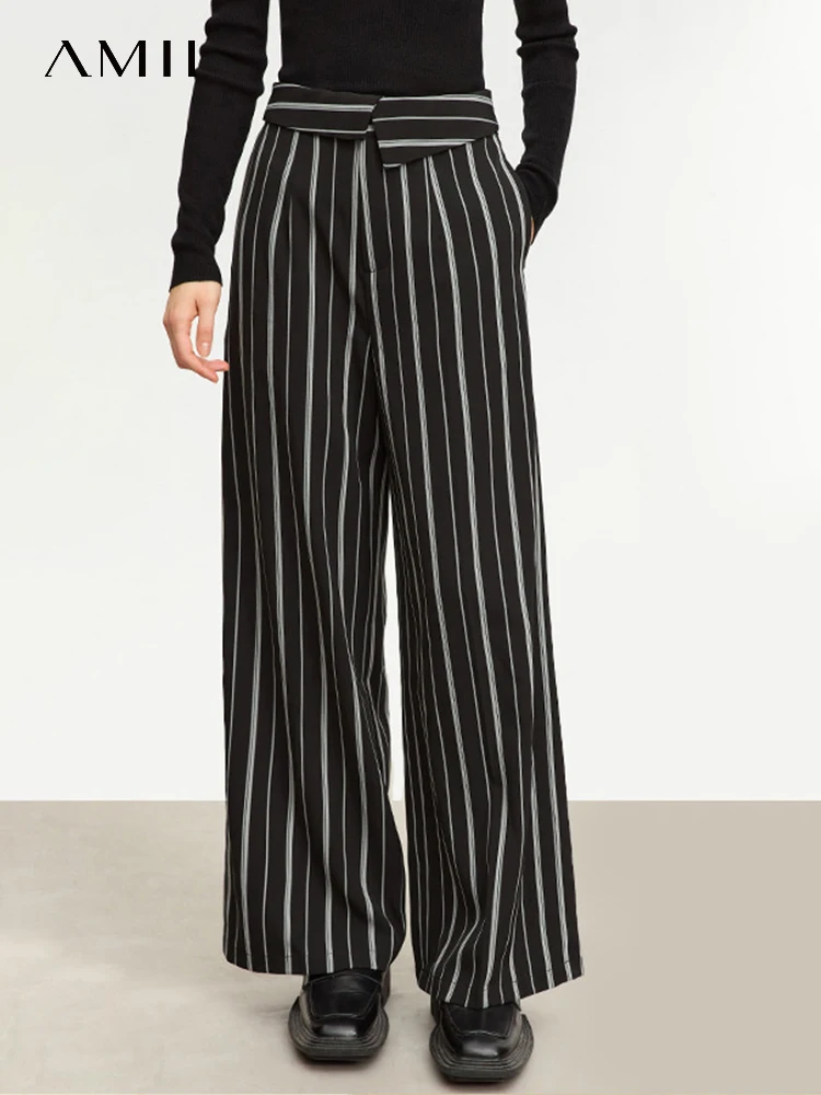 

AMII Minimalist Casual Pants for Women 2023 Autumn New High Waiste Straight Black-white Striped Wide-leg Loose Trousers 7AT61011