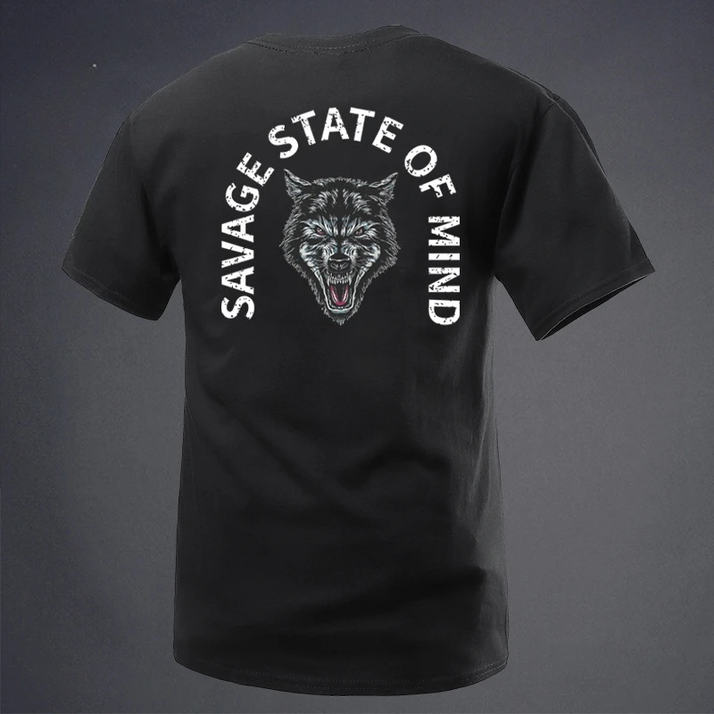2026 Summer New Collection Defense Company Theme Series SAVAGE Wolf Head Print Short-sleeved T-shirt Tough Men's Short-sleeved