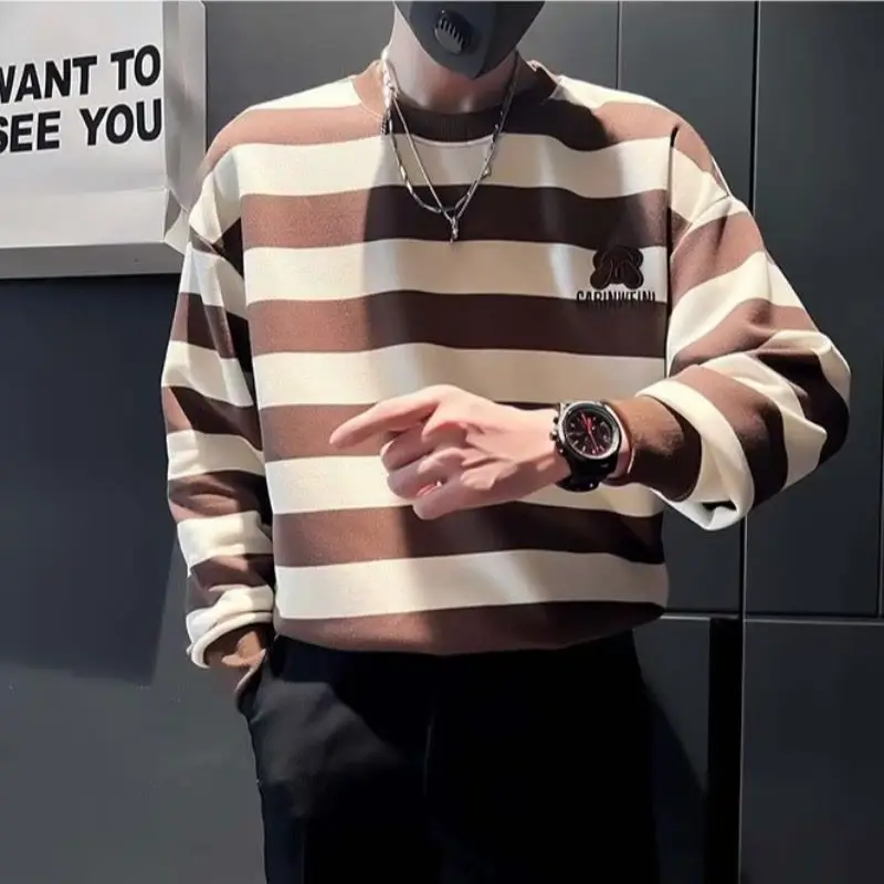 Striped Sweater Men\'s Long Sleeved Spring and Autumn Trendy Casual Ruffian Handsome T-shirt Men\'s Round Neck Pullover Top