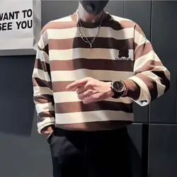 Striped Sweater Men's Long Sleeved Spring and Autumn Trendy Casual Ruffian Handsome T-shirt Men's Round Neck Pullover Top