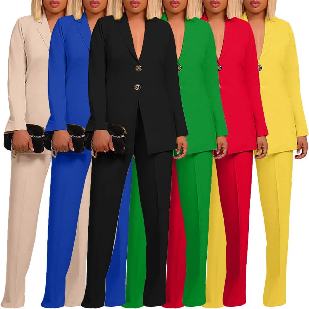 

Women's Clothing Solid Color Suit Collar Button Two-piece Set 2026 New Temperament Commuter Solid Color Long-sleeved Trousers