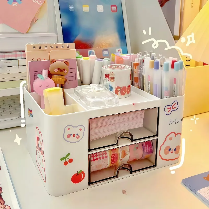Large Capacity Desk Organizer with Cute Stickers Patches Desk Drawer Storage for Makeup Brush Office School Supplies Organizer