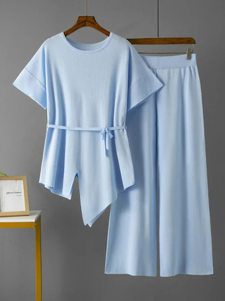 

Spring Summer Irregular Loose O-Neck Short Sleeve Solid Knit Top High Waist Slim Wide-leg Pants Two Piece Sets Womens Outifits