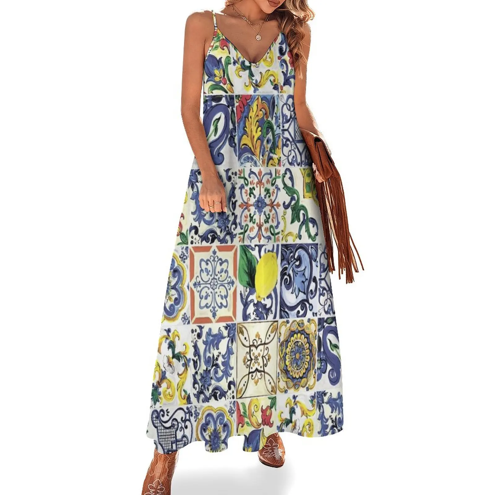 

Abstract Majolica Sleeveless Dress dress for woman Summer skirt