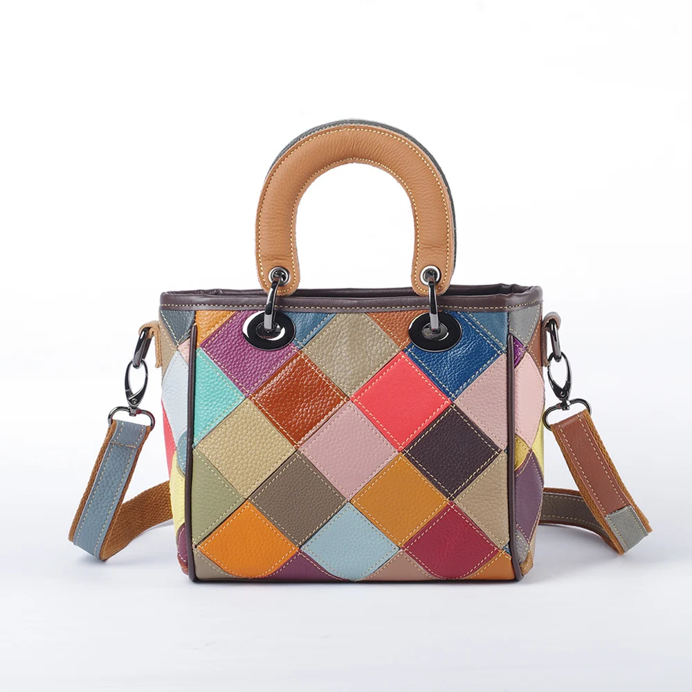 Fashionable colorful plaid contrasting genuine leather bag women\'s handbag personality design daily shoulder crossbody small bag