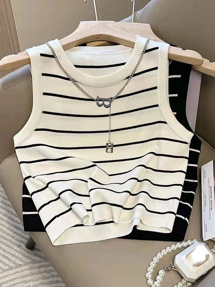 

Spring Summer Striped Knitted Sleeveless Top High Waist Navel Short Vest T-shirt Tops Tank Top Tops for Women White Corset Top