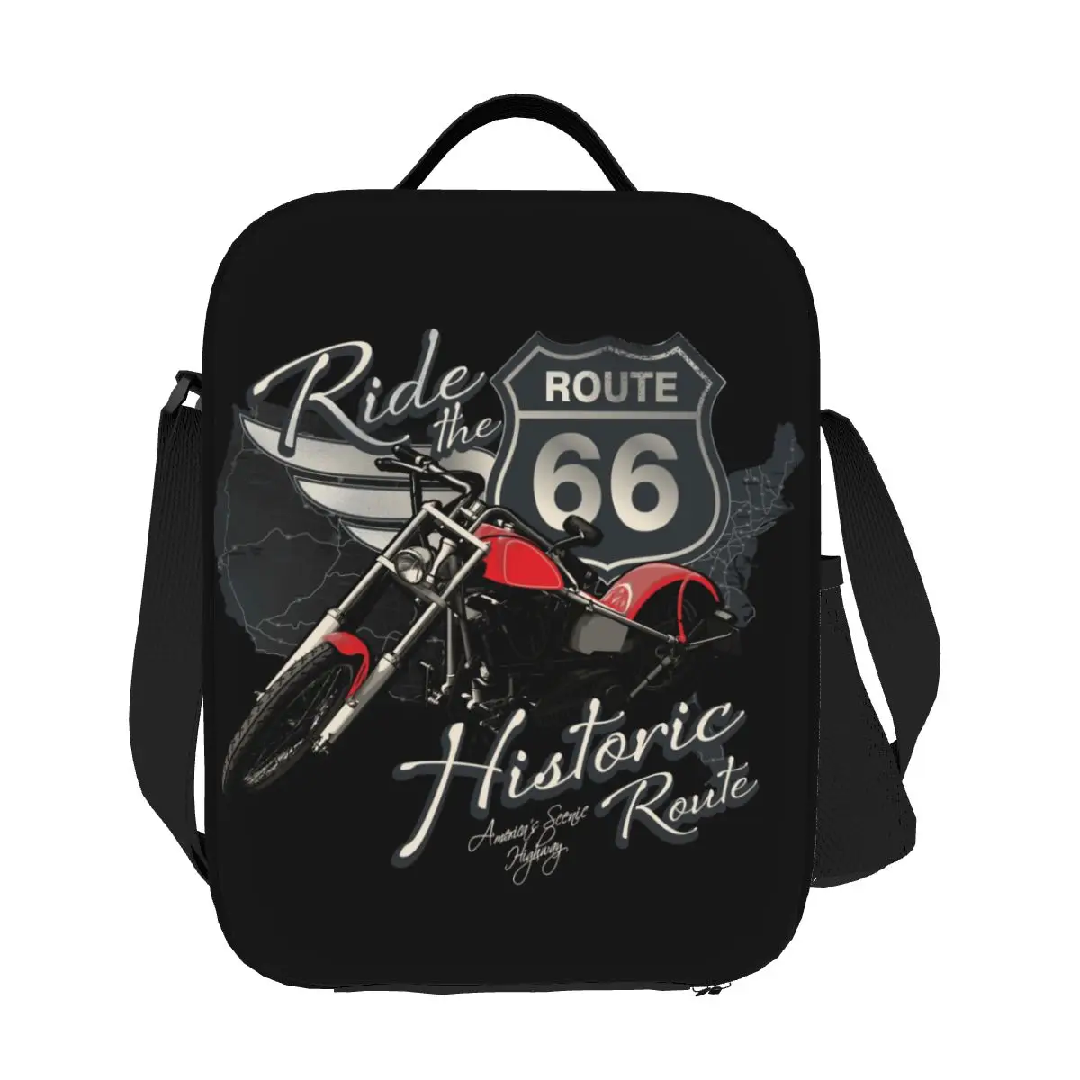 Custom Travel Motorcycle Ride The historical Route 66 Thermal Lunch Bag USA America Highway Portable Lunch Tote Bento Food Box