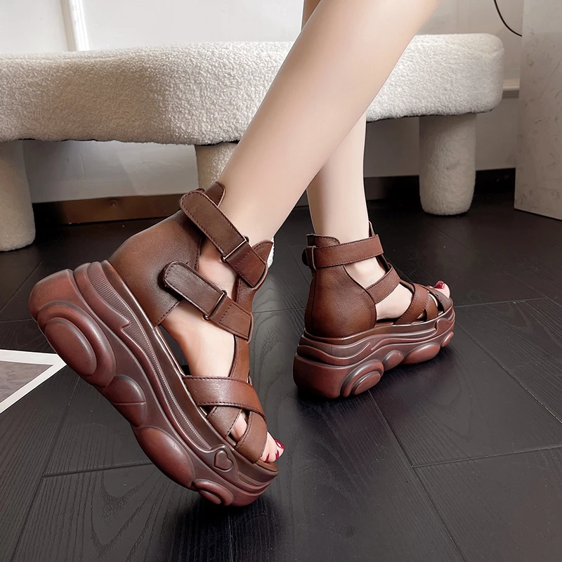 2023 New Summer Fashion Shoes Women Sandals Retro Genuine Leather Women Wedges Platform Sandals Peep Toe High Heel Sandals Black