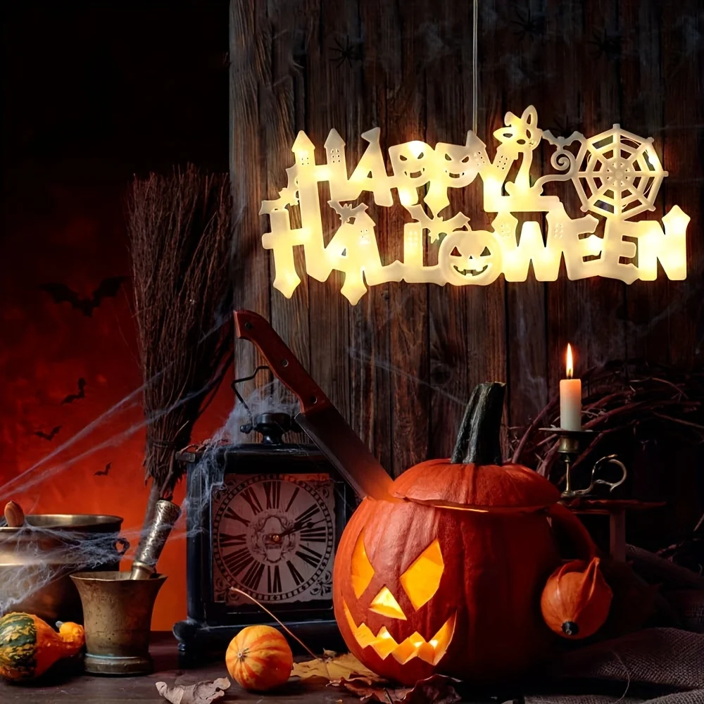 Happy Halloween LED Hanging Sign Light Spider Web Bat Pumpkin Design Window Door Wall Lamp Halloween Party Home Decor Light