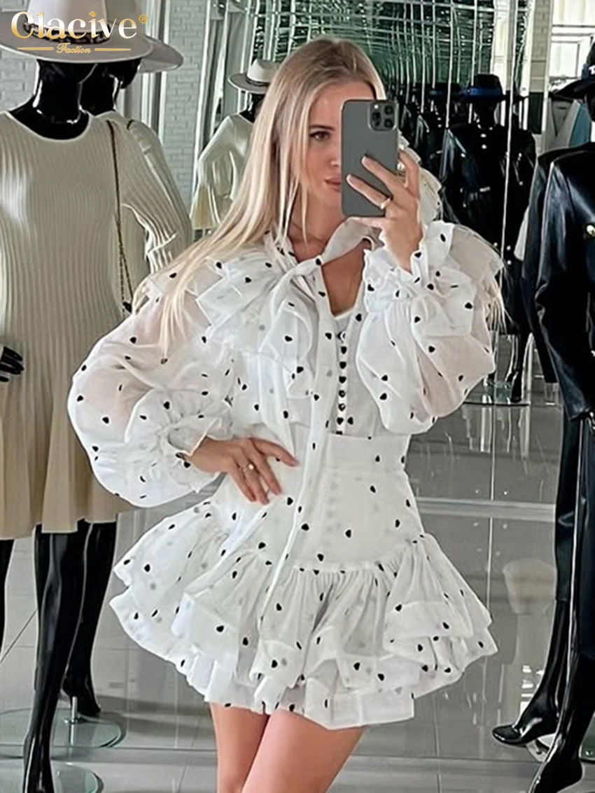 

Clacive Fashion Loose Print Skirt Set 2 Piece Woman 2025 Elegant Long Sleeve Shirt With High Waist Pleated Mini Skirt Set Female