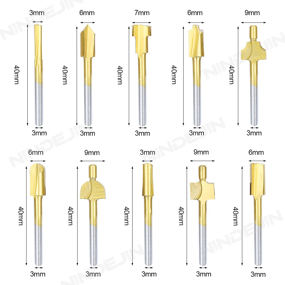 NINDEJIN 10pcs HSS Router Bit Set Wood Cutter Milling Fits Titanium 1/8" Shank Dremel Accessory Engraving Carpenter Rotary Tools