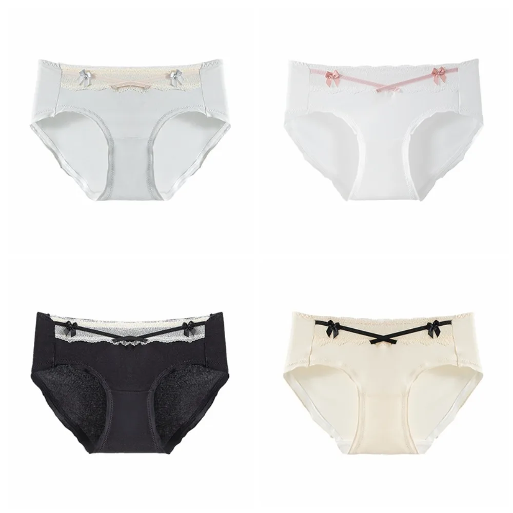 

4Pcs Soft Ruffle Lace Bowknot Panties Cotton Crotch Underpants Sweet Briefs Mid Waist Underwear for Women Lady
