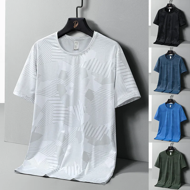

2024 Men's Ice Silk T-Shirt, Summer Stretch Breathable Printed Streetwear, Oversized Quick-Dry Casual Top