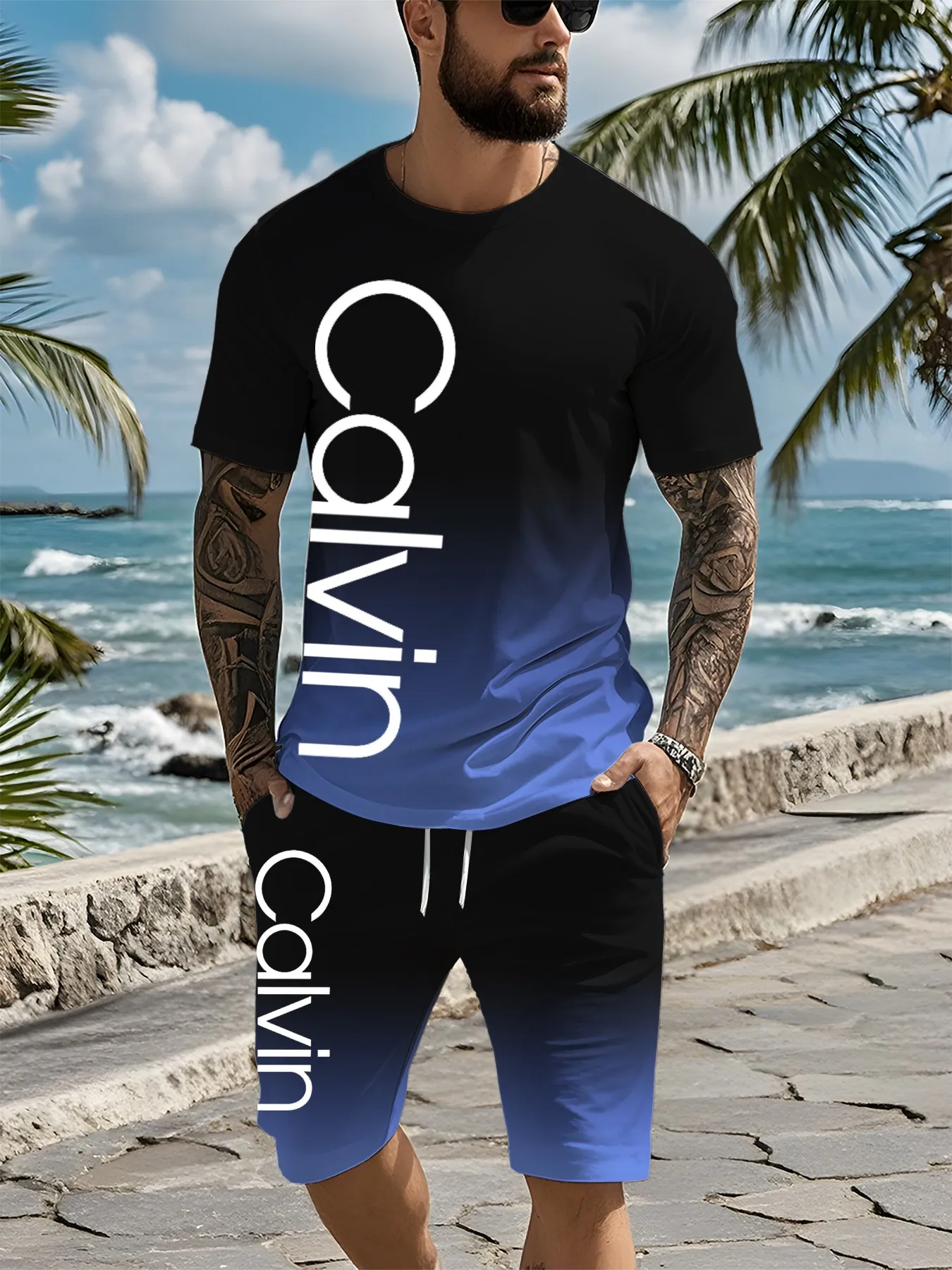 Conjunto de dos piezas para hombre de verano 2025, novedad de verano, pantalones cortos deportivos de moda para sudar, pantalones cortos de manga corta, conjunto estampado para hombre Me All transpirable S