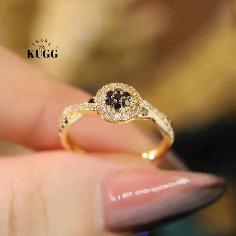 

KUGG 100% 18K White or Yellow Gold Rings Luxury Elegant Design Real Natural Black Diamond Ring for Women High Engagement Jewelry