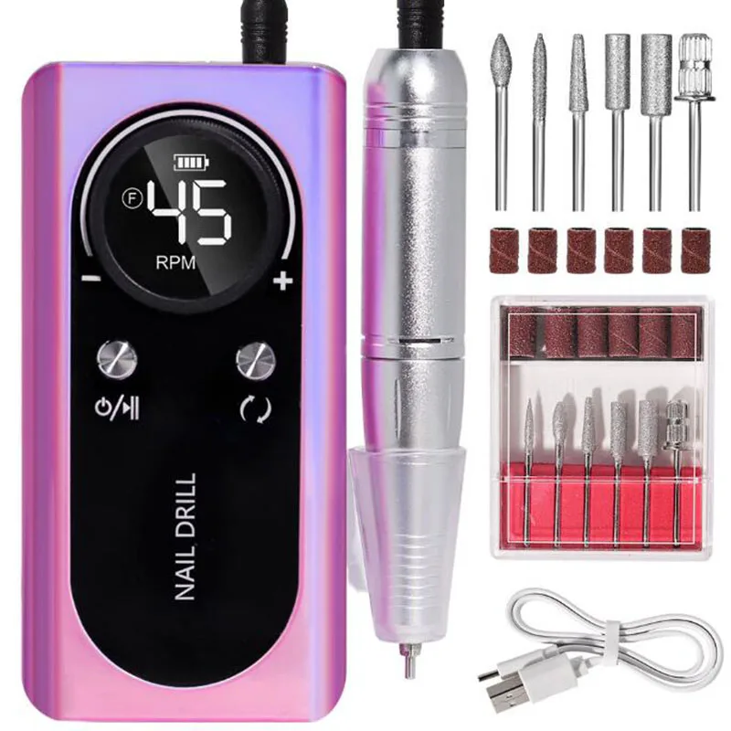 Máquina pulidora de uñas recargable, 2024 Original, 45000RPM, con LCD, bajo nivel de ruido, lijadora profesional de esmalte de uñas, juego de accesorios para uñas