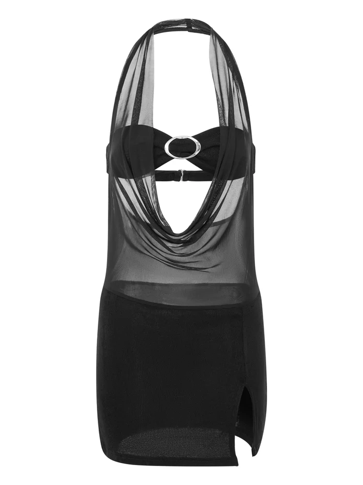 CHRONSTYLE Mini abito corto trasparente in rete trasparente da donna Summer Party Clubwear Abito senza schienale con spalle scoperte e reggiseno