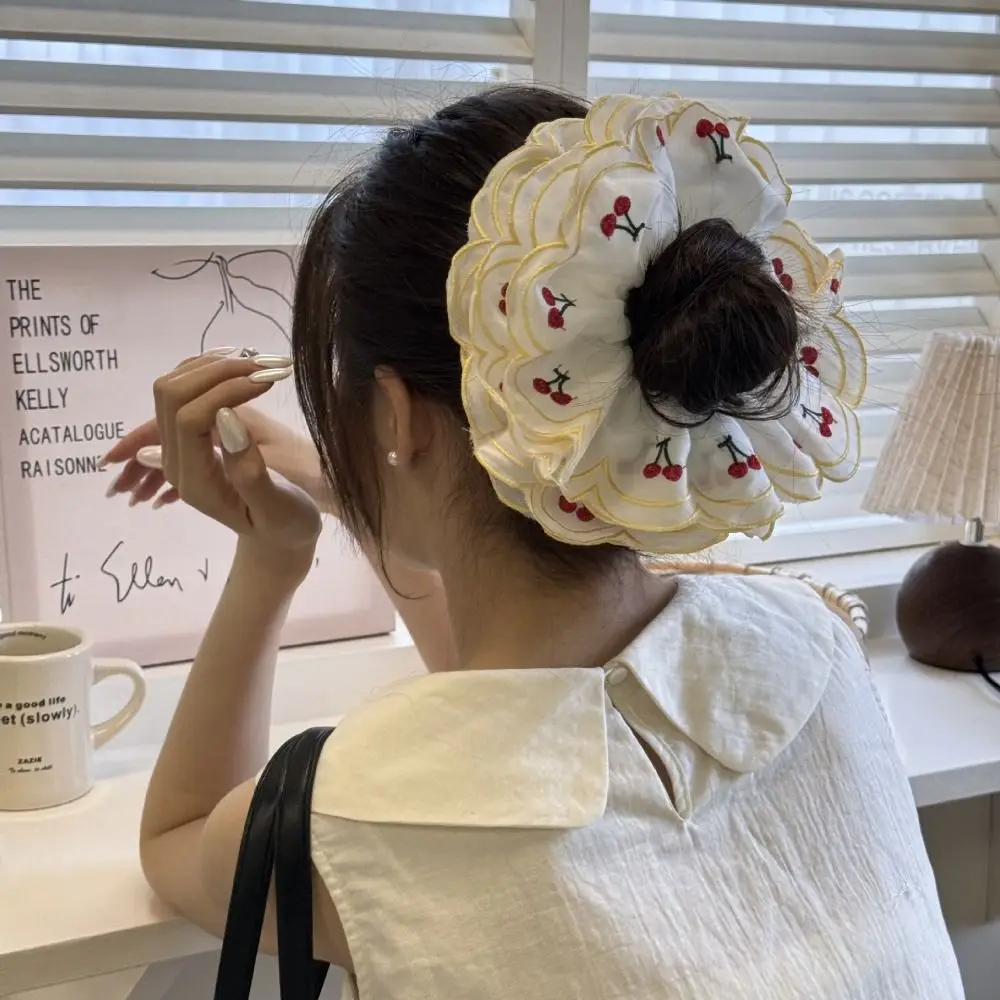 

Flower Shape Embroidery Cherry Lace Scrunchies Cloth Ballet Style Embroidered Large Hair Scrunchies Oversize Ponytail Holder