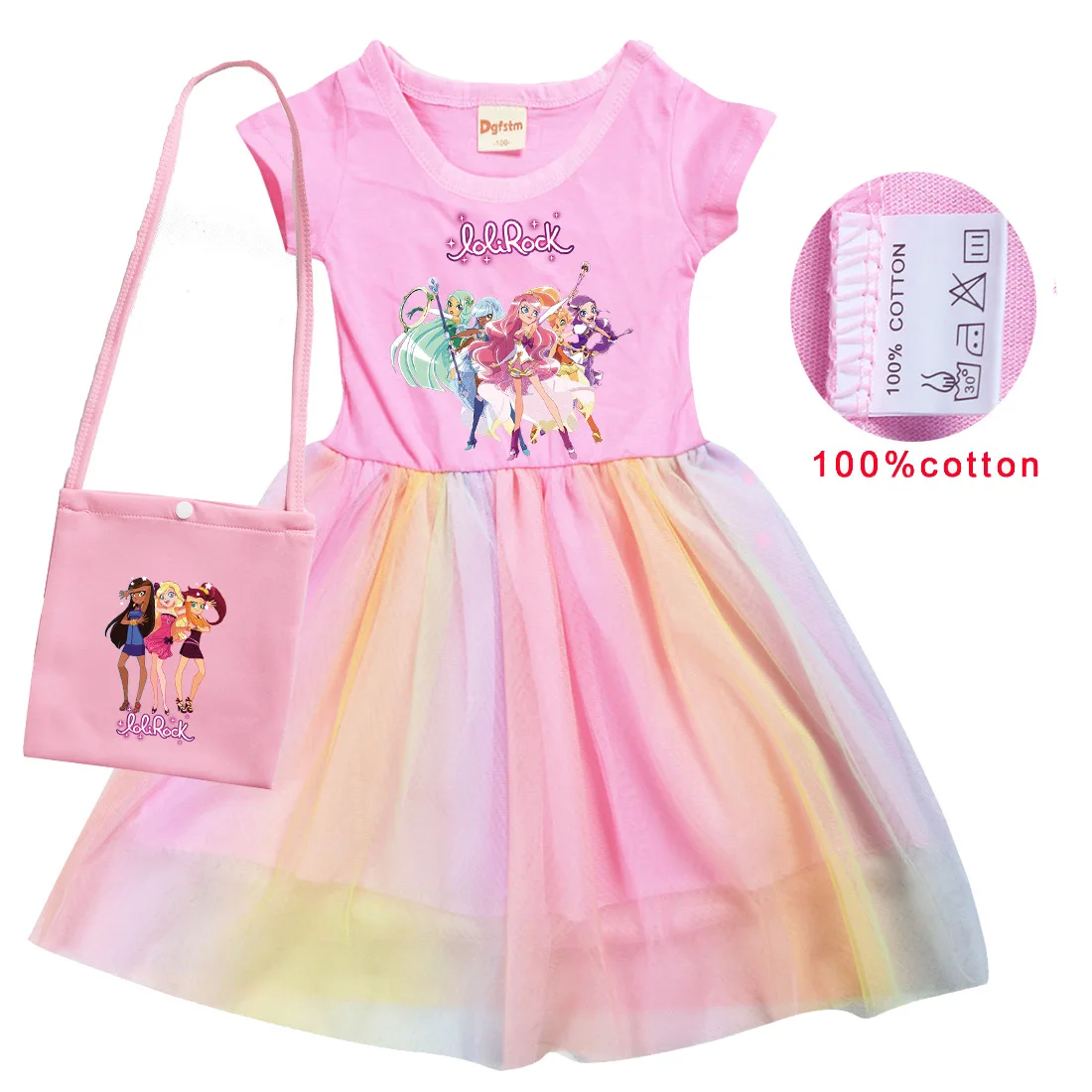 Cartoon LoliRock Magical Baby Girl Dresses Kids Loli Rock Clothes Cosplay Costume Children Fly Sleeve Casual Dress + Free Bag