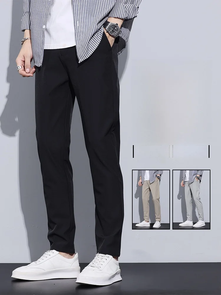 

Spring Autumn Men's Slim Fit Casual Pants Elastic Straight Leg Fashionable Durable Polyester Classic Style Teenager Suitable