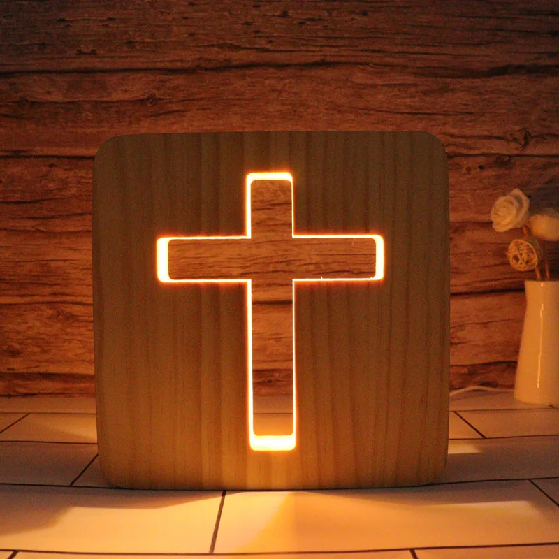 Lampada da atmosfera a LED da comodino creativa con croce cava in legno 3D, regalo perfetto per la decorazione della casa di nozze di compleanno di Natale