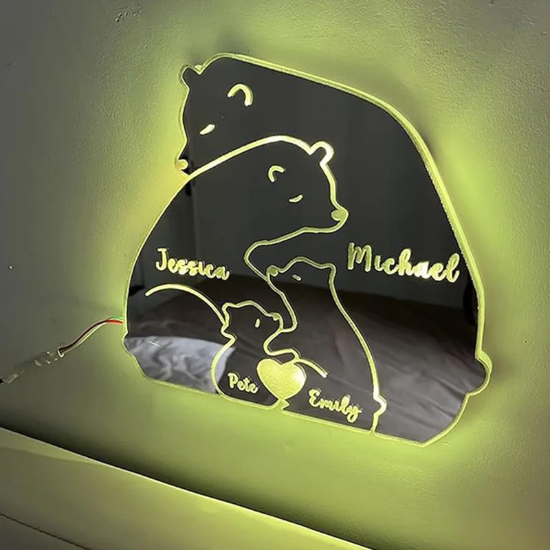 Personalized Name Mirror LED Light - Custom Bear Family Name Puzzle Neon Lamp Signs Livingroom Bedroom Light Up Mirror Night