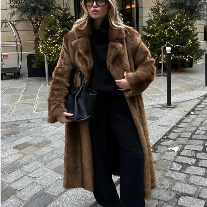 Fashion Lapel Thick Brown Mixed Fur Jacket Women Chic Long Sleeve Fluffy Plush Warm Maxi Coat Winter Lady Highstreet Outwear