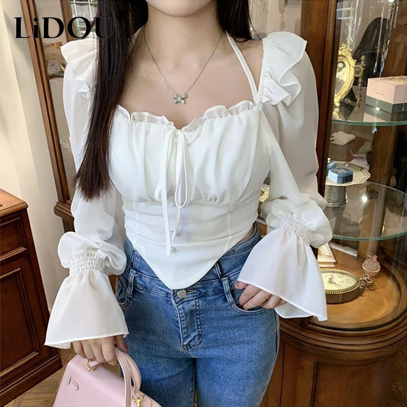 

Spring Autumn Square Collar Halter Ruffles Lace Up Chiffon Shirt Ladies Sexy Fashion Long Sleeve Top Women Slim All-match Blouse