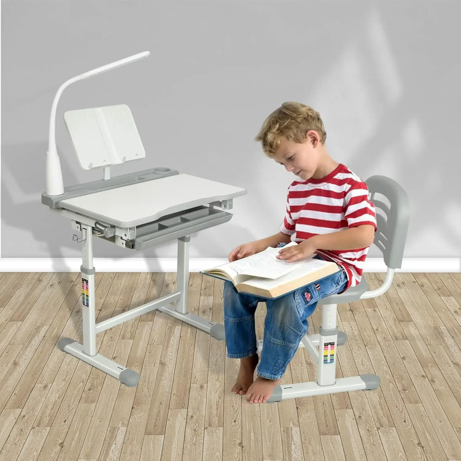 Kids Functional Desk and Chair Set, Height Adjustable Children School Study Desk with Tilt Desktop, Bookstand, LED Light,