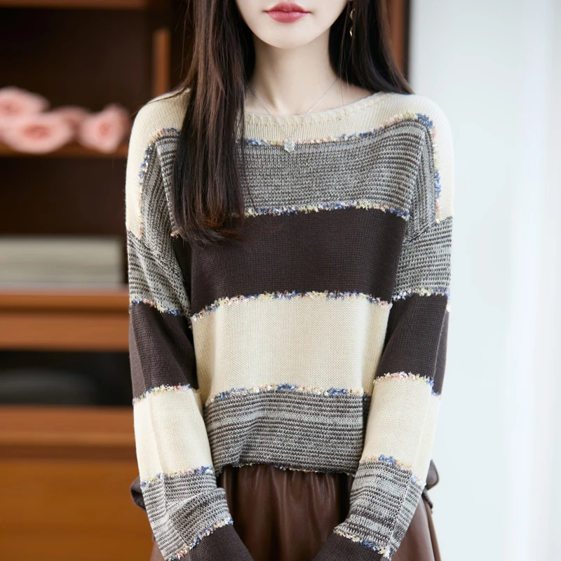 

Autumn And Winter New Ladies Worsted Wool Knitted Sweater Fashion Striped Pullover Long Sleeve Bottoming Shirt