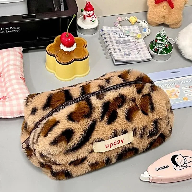 Leopard Print Pencil Case Ins Sweet Cool Large Capacity Plush Pencil Case Y2K School Student Stationery Box Storage Makeup Bag