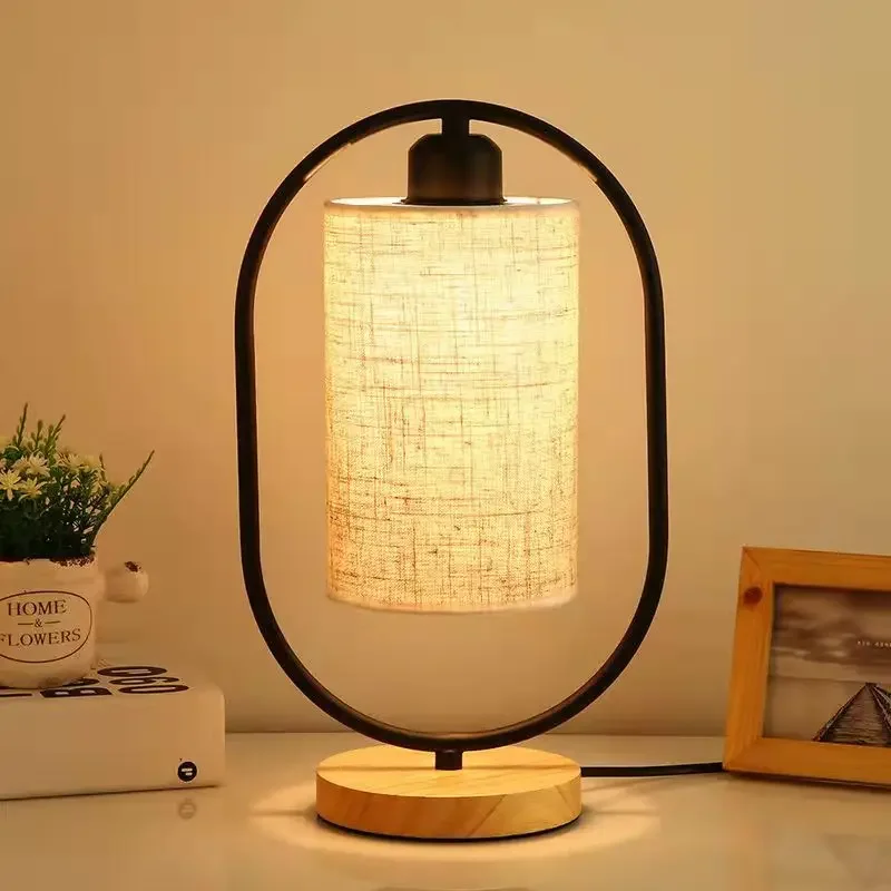 

Wooden Table Lamp New Chinese Style Bedside Light LED Fabric Vintage Desk Lights for Living Room Study Room Decorative