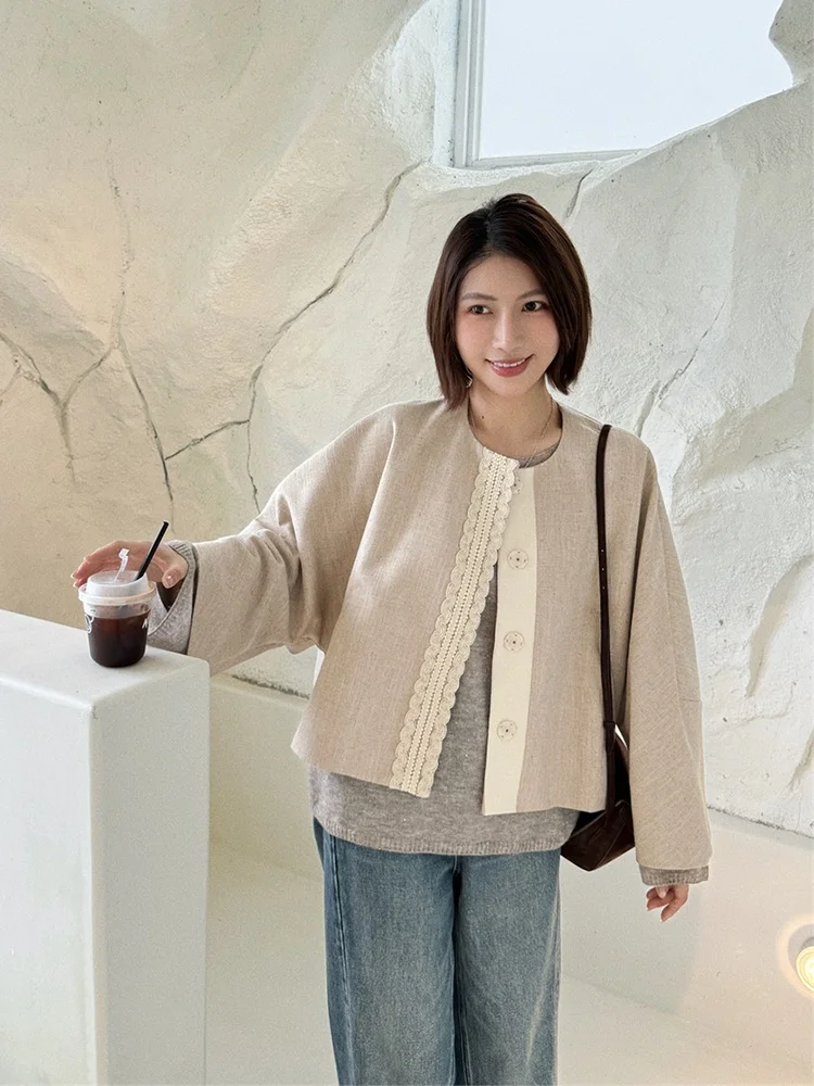 

MGDM Japanese Sle Heavy Embroidery ort Jaet Women's Autumn Top Linen Fabric Bat Sve Floral Print Slim Fit round Ne